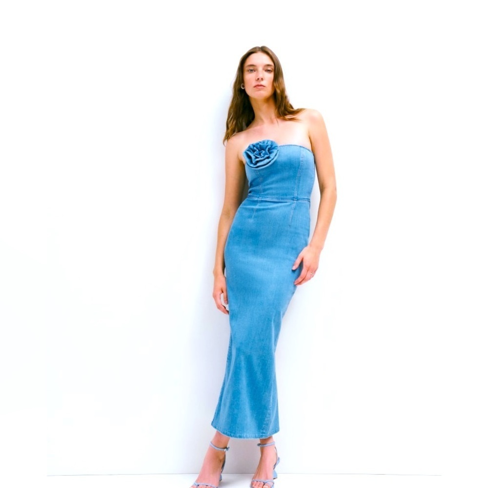 Reformation Blue Ruched Strapless Sheath Dress - Picture 1 of 6